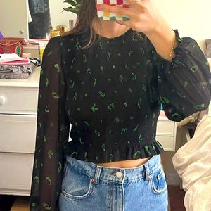 Aritzia Wilfred Tempest Blouse size small, black with green embroidery
